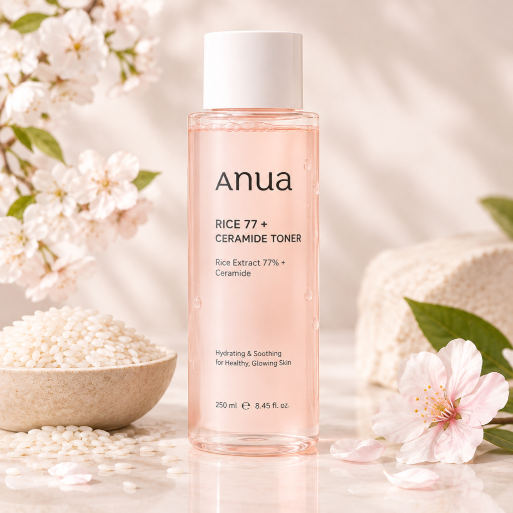 ANUA Rice Ceramide Toner skincare bottle with white flowers