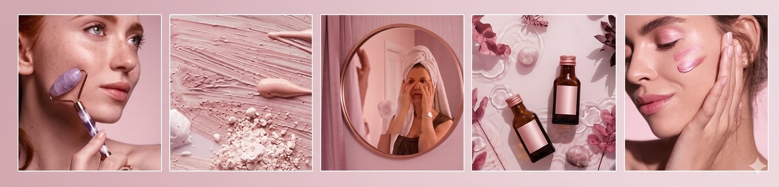 A wide five-panel skincare collage banner in a soft pink theme, showing a woman using a quartz face roller, cosmetic clay and cream swatches, a woman looking in a round mirror, skincare oil bottles, and a woman applying a face mask.