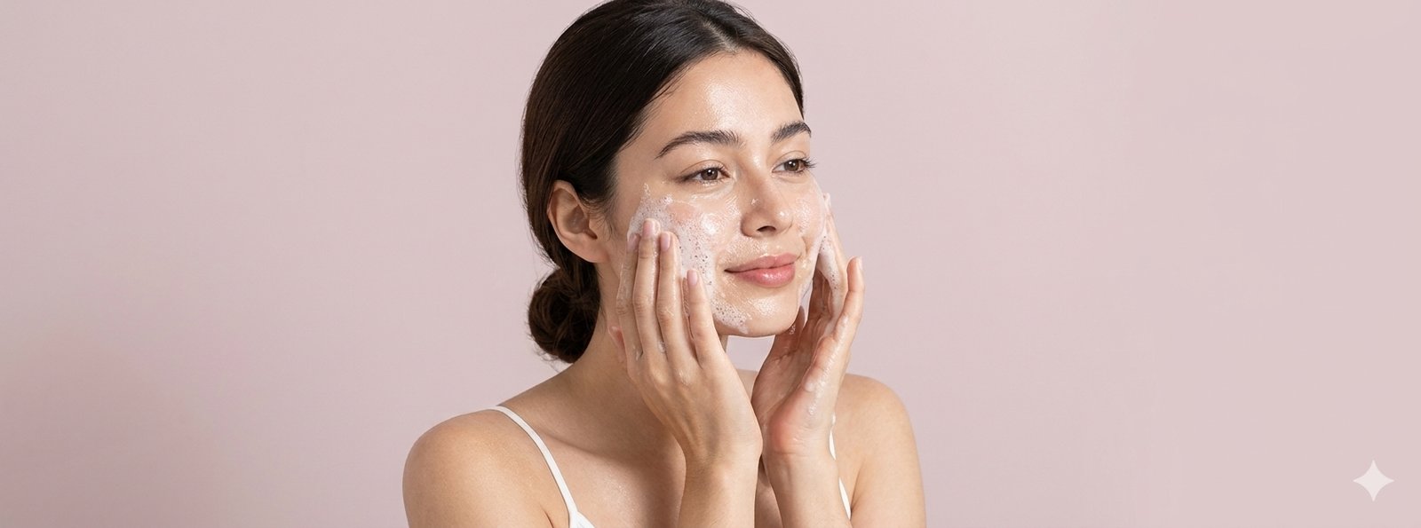 • Close-up of a smiling woman gently massaging a foaming cleanser onto her face, representing the best skin care routine for a glowing and radiant complexion.
